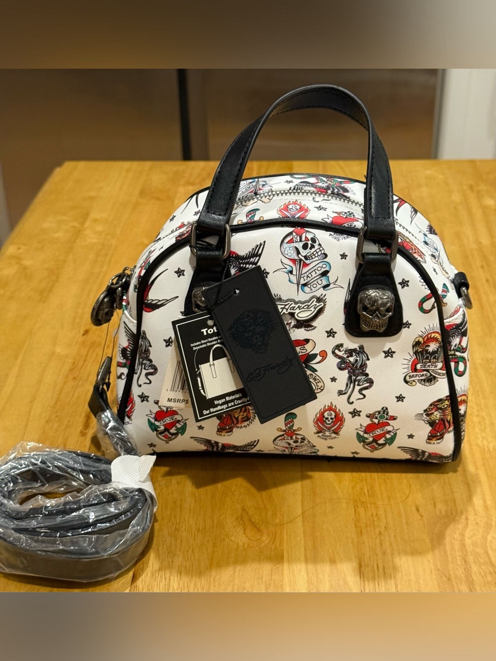 Ed Hardy White Tattoo Print Dome Satchel with Skull Hardware - Picture 11 of 16